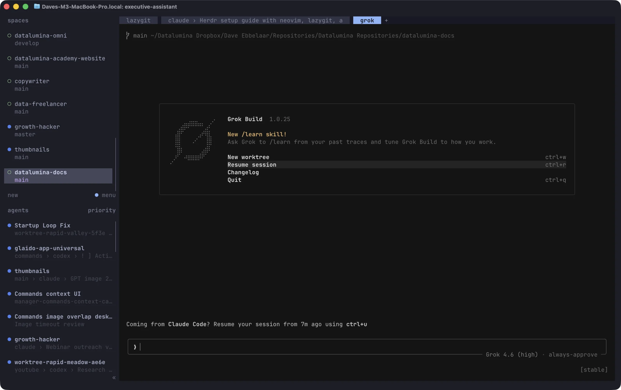 Herdr with workspaces and agents in the sidebar and a Grok agent starting in the main pane