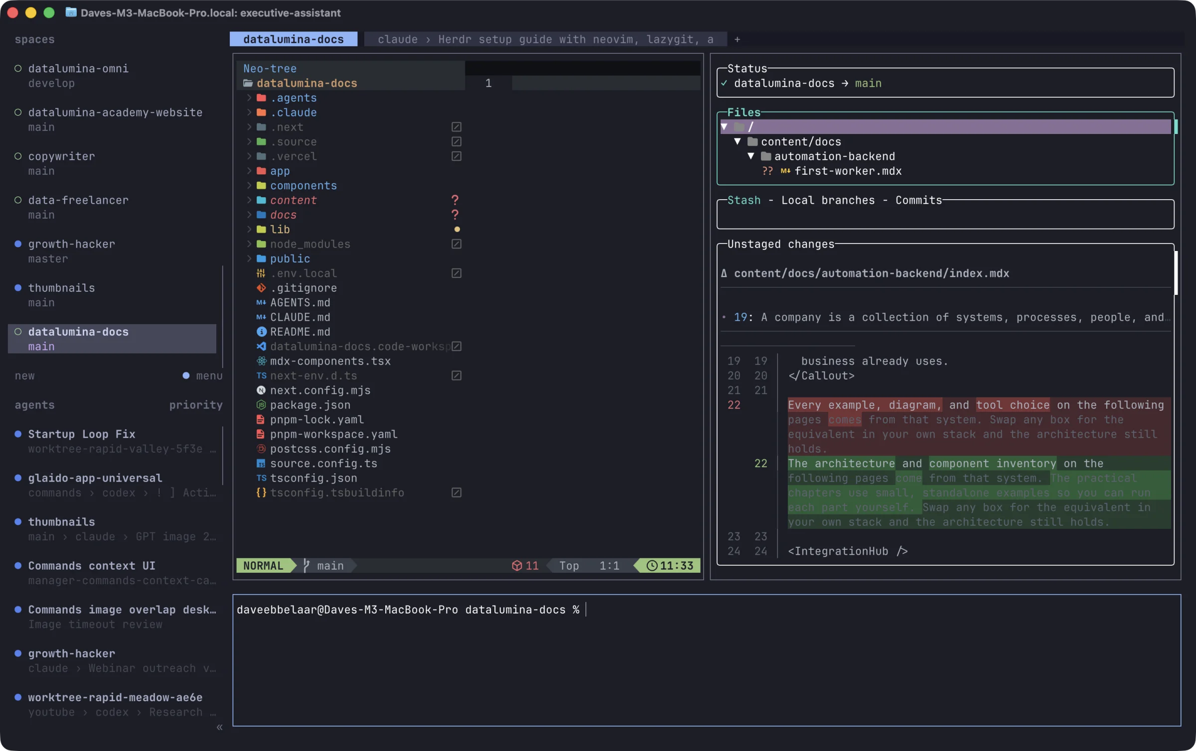 A Herdr tab with the Neovim file tree on the left, lazygit with a diff on the right, and a shell below
