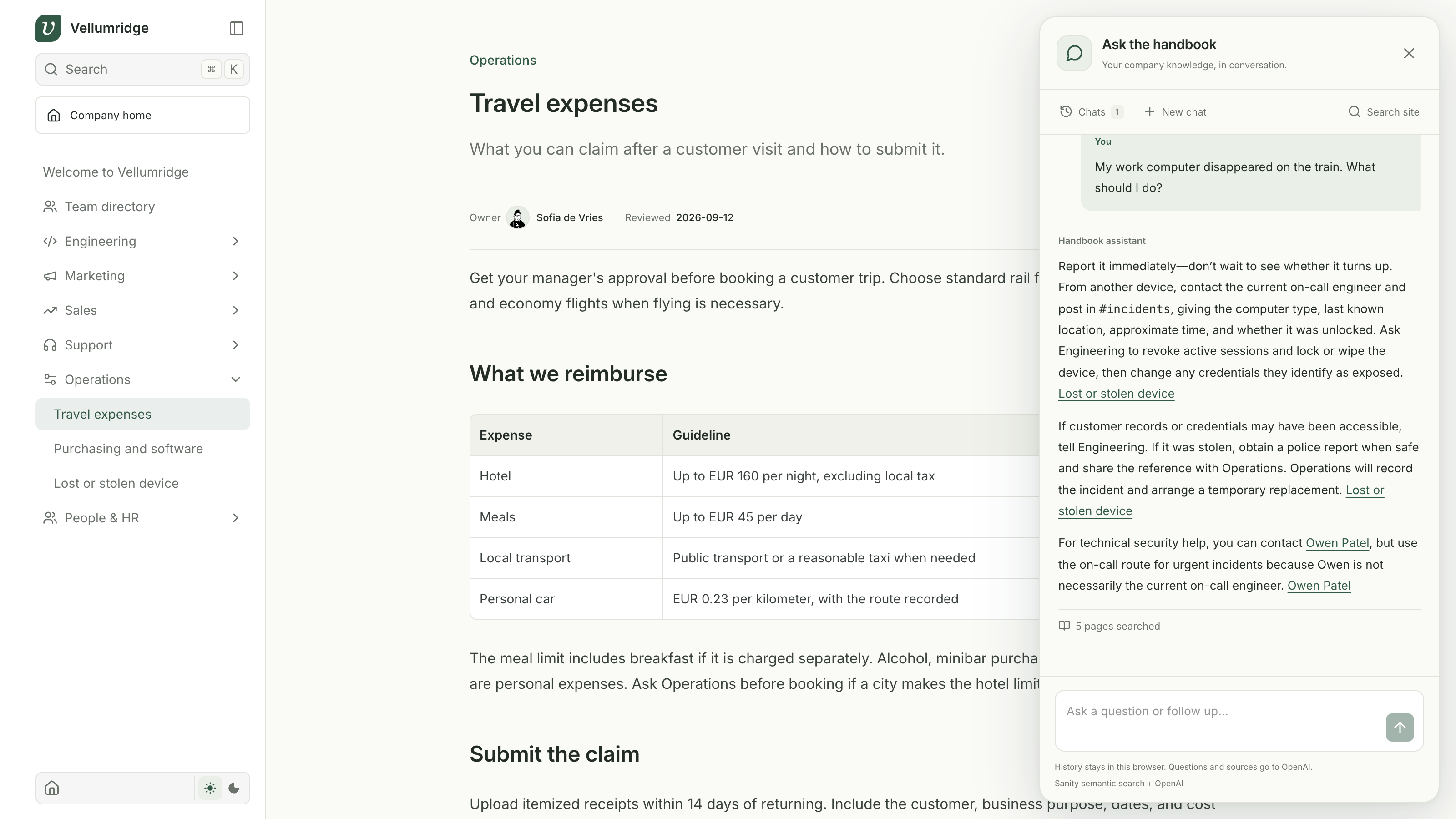 The handbook chat answering a missing-device question with a link to the source policy