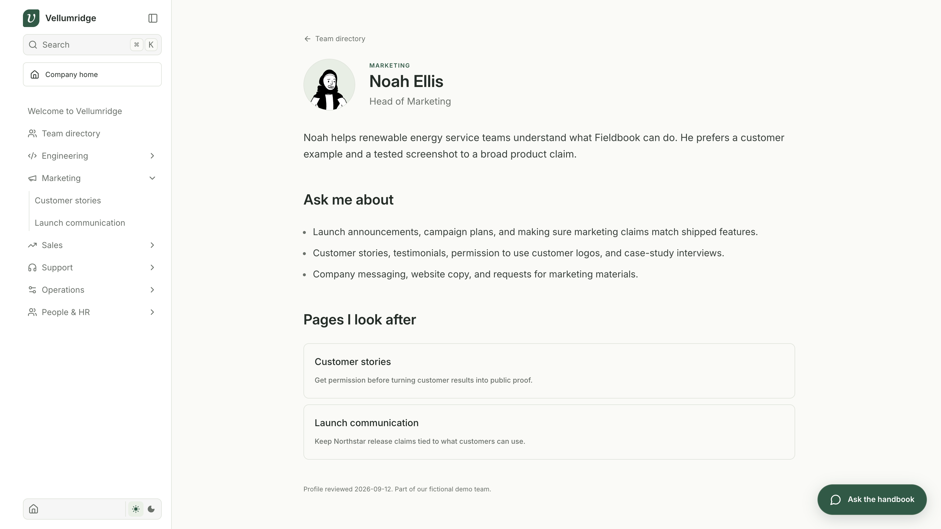 Noah Ellis's employee profile with marketing responsibilities and links to the pages he owns