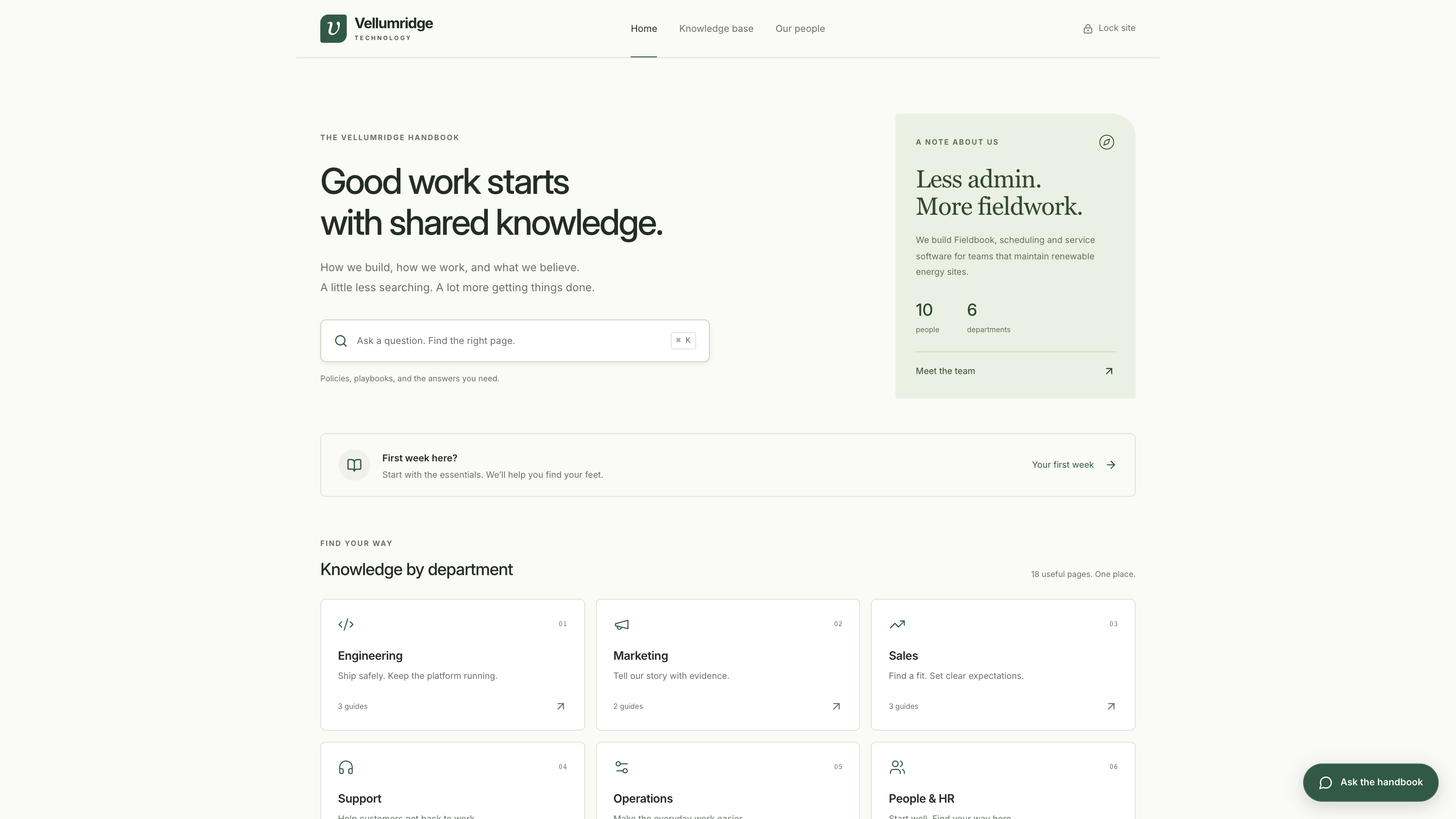 Updated Vellumridge homepage with company navigation, handbook search, department cards, and the Ask the handbook chat button