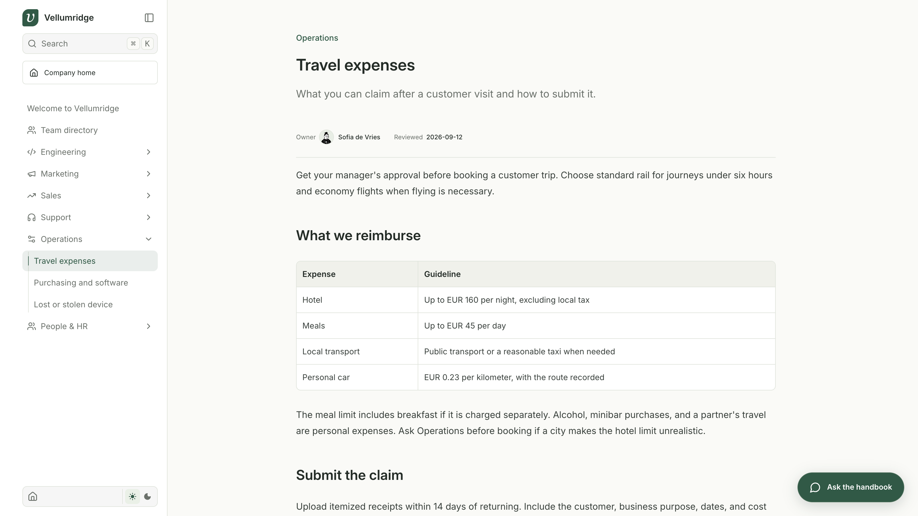 A travel policy in the classic Fumadocs layout