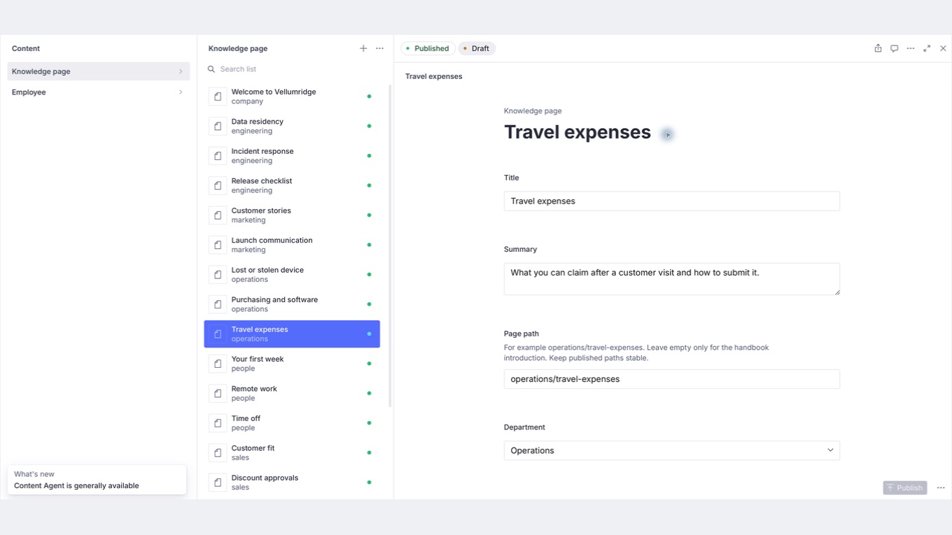 Sanity Studio showing the Knowledge page and Employee collections, with Travel expenses open in the policy editor