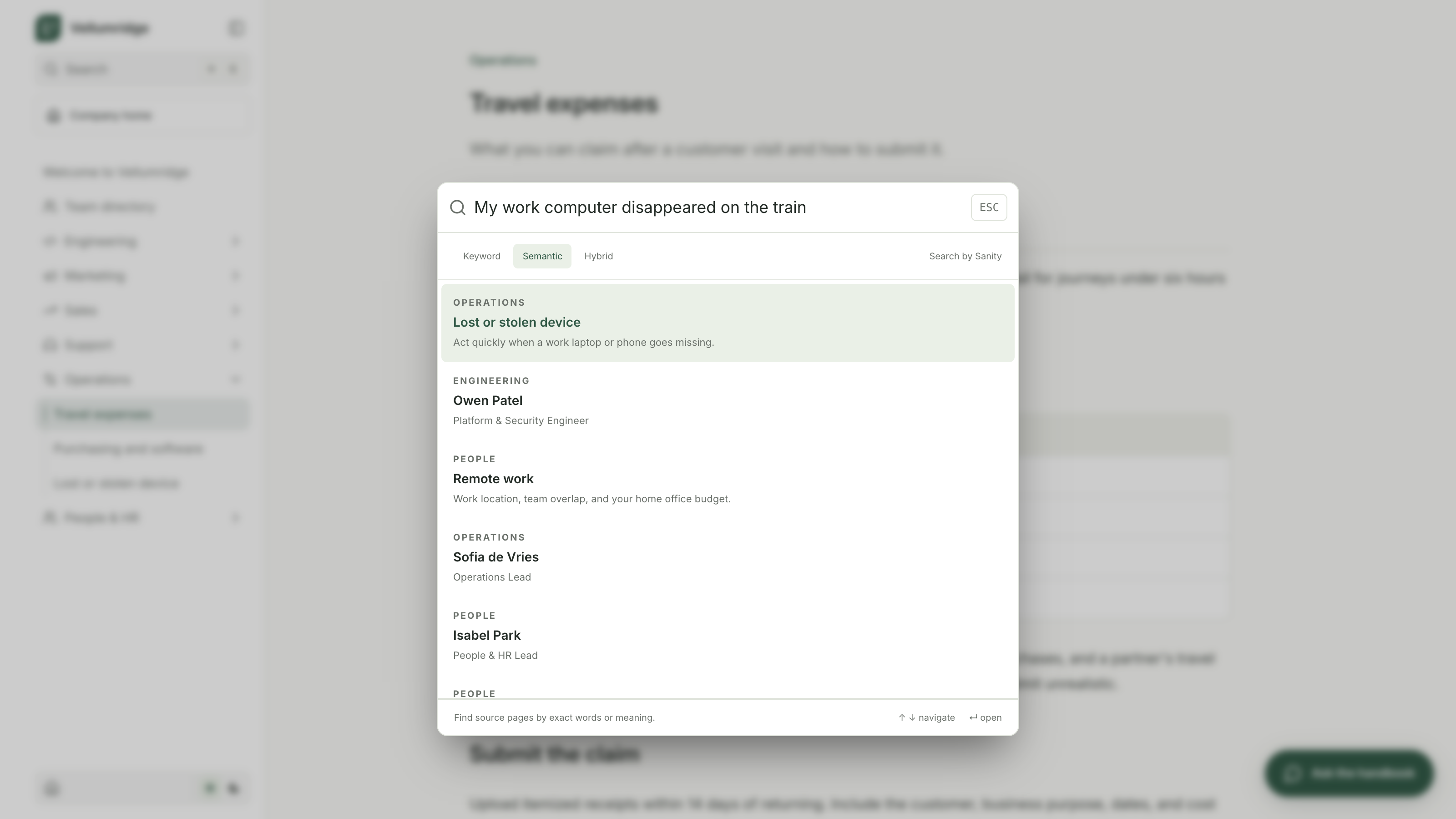 Sanity semantic search returning the lost-device policy